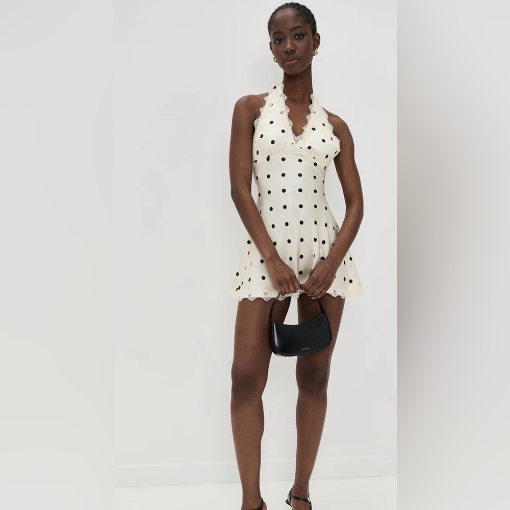 Lioness Ivory and Black Polka Dot Satin Halter Dress